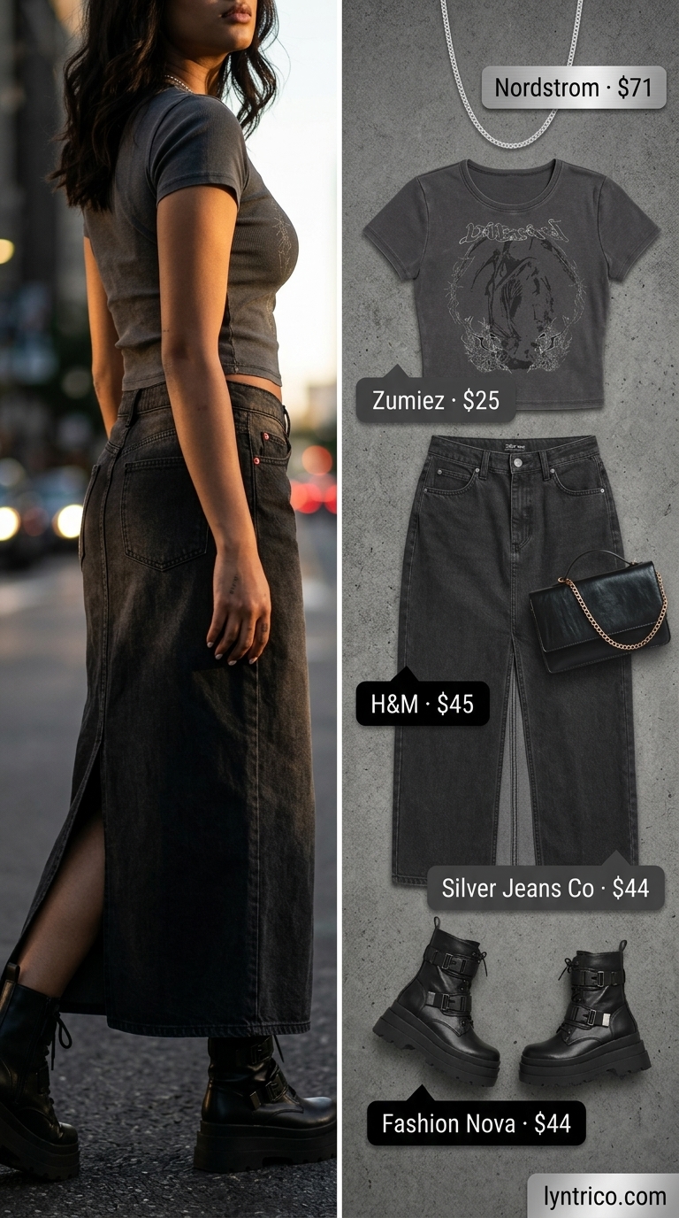 Black denim maxi skirt with graphic crop t-shirt for edgy summer 2026 street style.