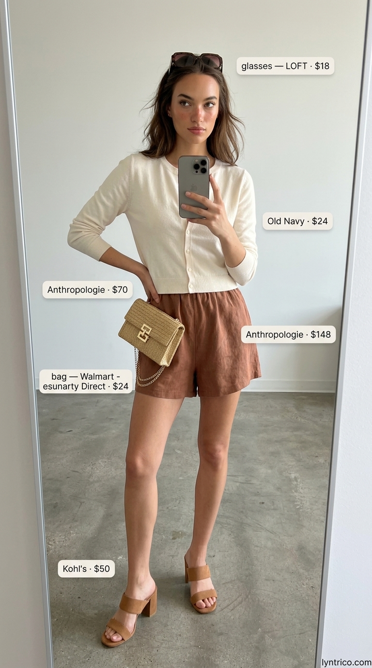 Minimalist Summer Outfit 2026: Brunch Style Minimalist summer basic outfit for women 2026: terracotta romper, cream cardigan, straw clutch. Chic for brunch.