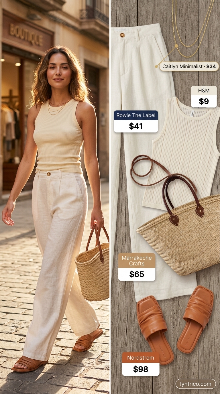 Minimalist Summer Outfit 2026: Coastal Casual Minimalist summer basic outfit for women 2026: off-white linen pants, cream tank, tan slides. Relaxed for beach or brunch.