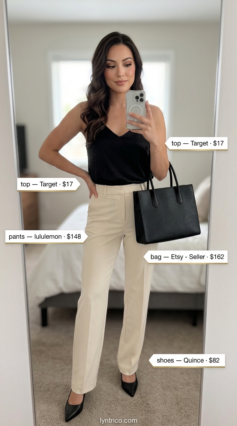 Minimalist Summer Outfit 2026: Office Chic Minimalist summer basic outfit for women 2026: beige trousers, black silk cami, black heels. Perfect for office or lunch.