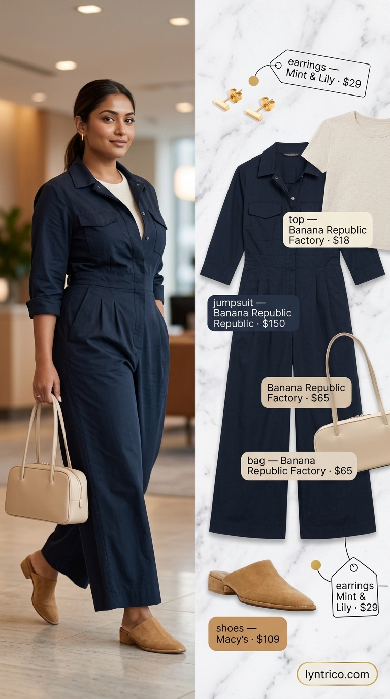 Minimalist Summer Outfit 2026: Utility Style Minimalist summer basic outfit for women 2026: navy jumpsuit, cream tee, tan mules. Modern and practical for WFH.