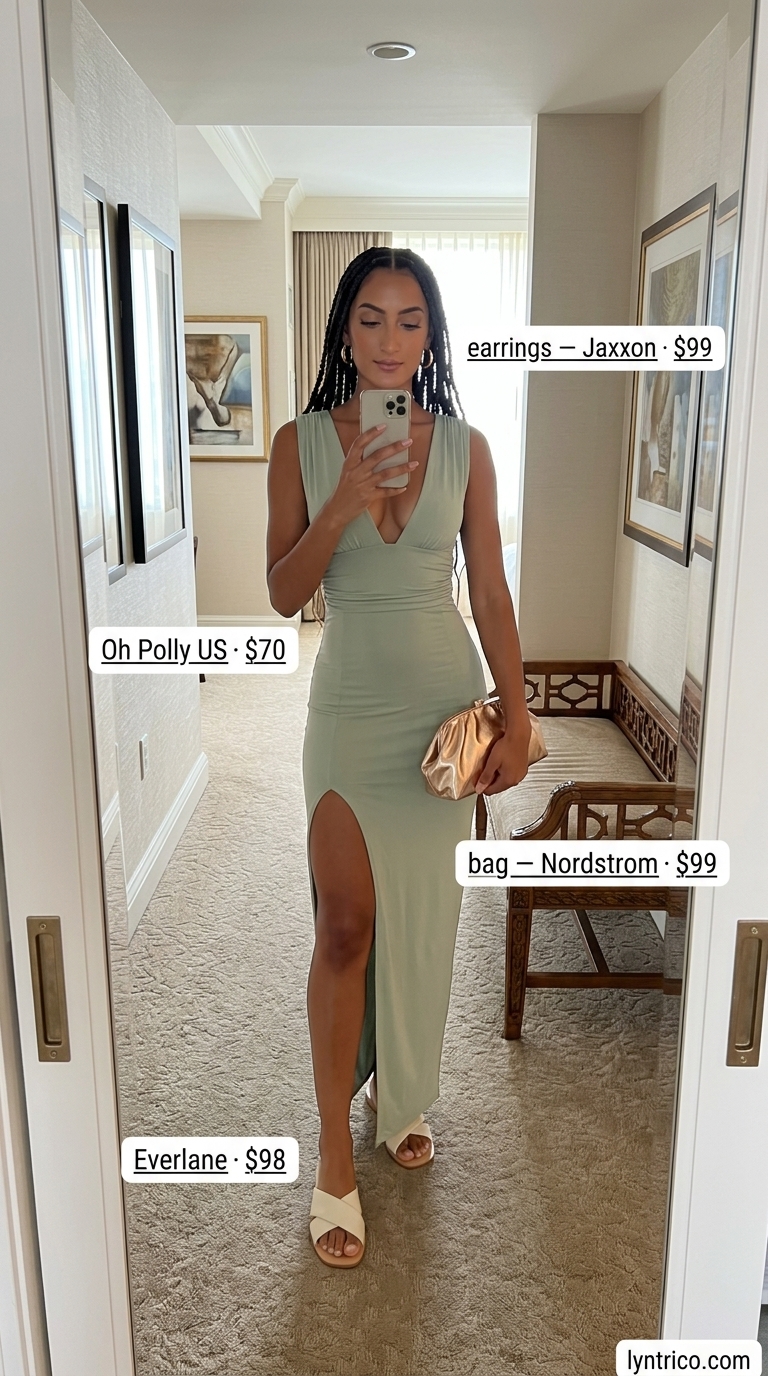 Minimalist Summer Outfit 2026: Evening Glam Minimalist summer basic outfit for women 2026: sage green maxi dress, gold accessories. Elegant for evening events.