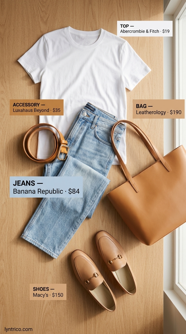 Minimalist Summer Outfit 2026: Everyday Classic Minimalist summer basic outfit for women 2026: light wash jeans, white tee, tan loafers. Casual and refined for everyday.