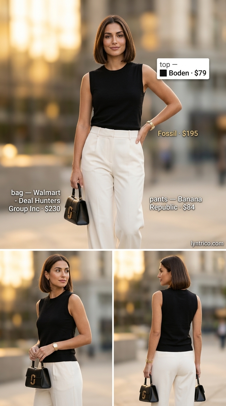 Minimalist Summer Outfit 2026: Office to Drinks Minimalist summer basic outfit for women 2026: cream trousers, black vest, black flats. Polished for office to drinks.