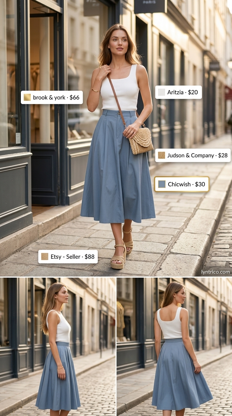 Minimalist Summer Outfit 2026: Vacation Chic Minimalist summer basic outfit for women 2026: dusty blue skirt, white tank, espadrilles. Feminine for vacation.