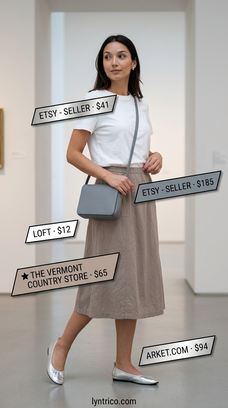 Minimalist Summer Outfit 2026: Gallery Chic Minimalist summer basic outfit for women 2026: grey skirt, white tee, silver flats. Understated for gallery visits.