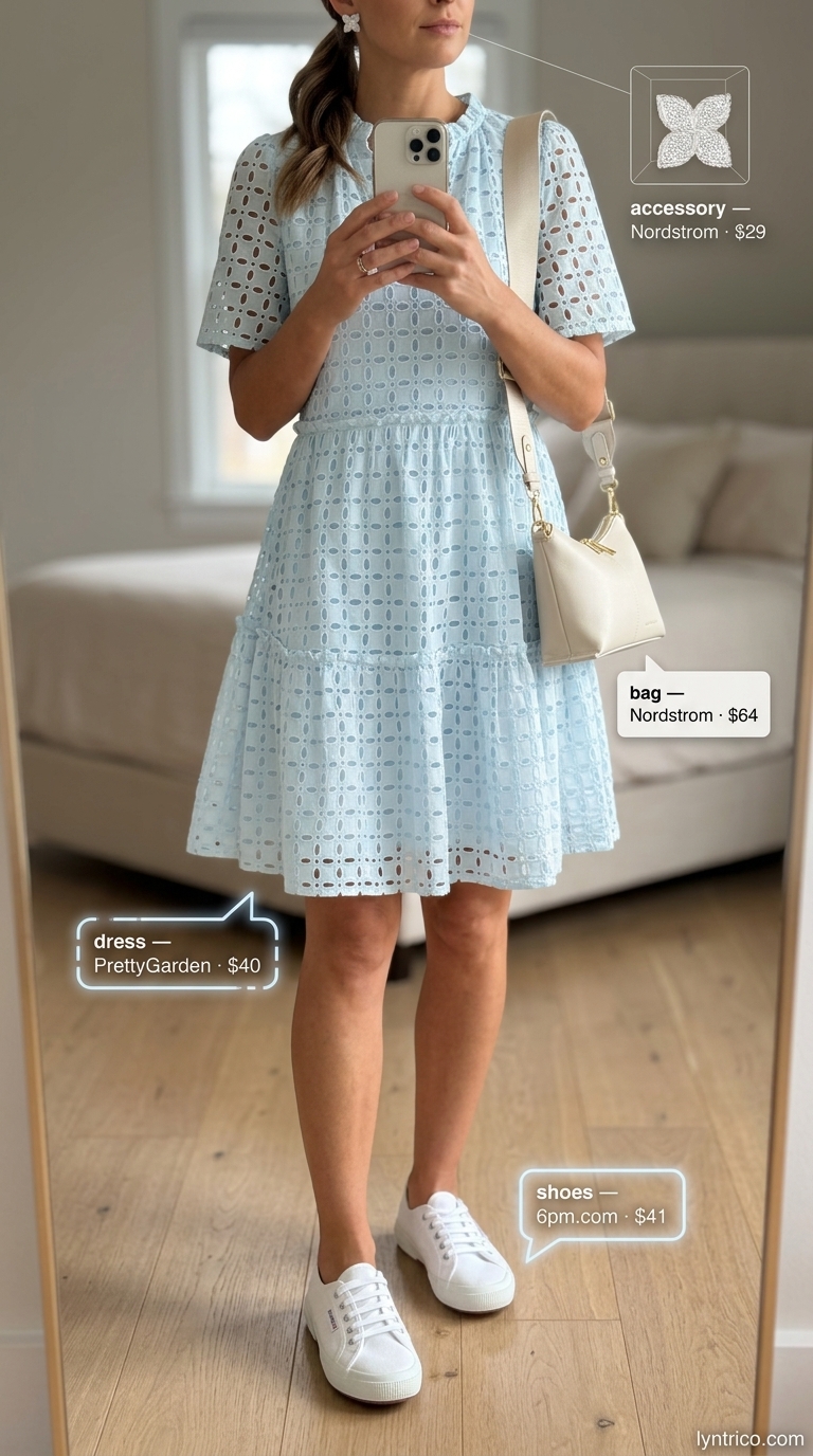 Minimalist Summer Basic Outfit 2026: Afternoon Refresh Dress Minimalist summer basic outfit for women 2026: Sky blue dress, white sneakers, silver studs for afternoon refresh.