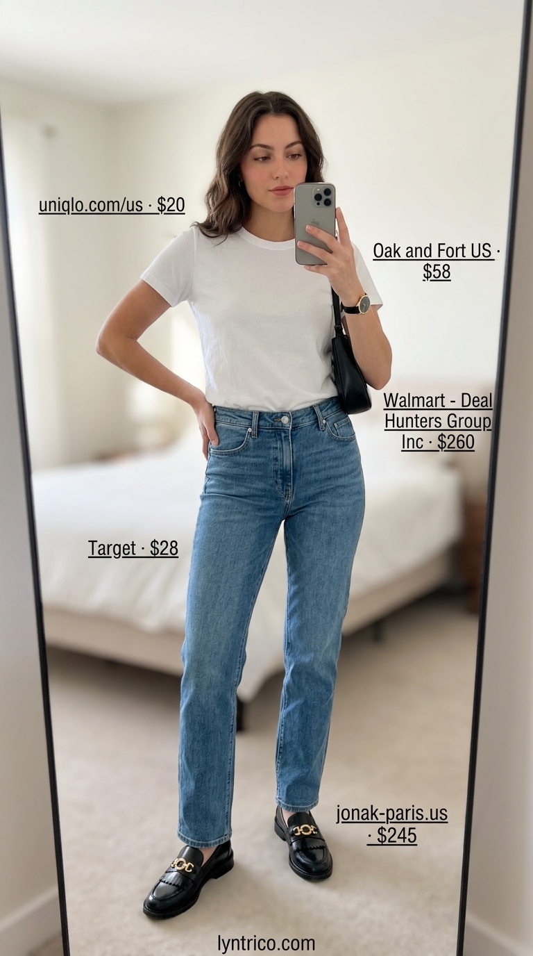 Minimalist Summer Basic Outfit 2026: Casual City Day Minimalist summer basic outfit for women 2026: Light wash jeans, white tee, black loafers for city exploration.