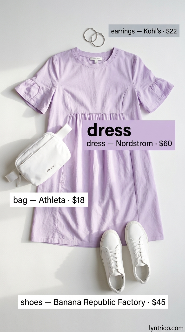 Minimalist Summer Basic Outfit 2026: City Explorer Dress Minimalist summer basic outfit for women 2026: Lavender dress, white sneakers, silver hoops for city exploration.