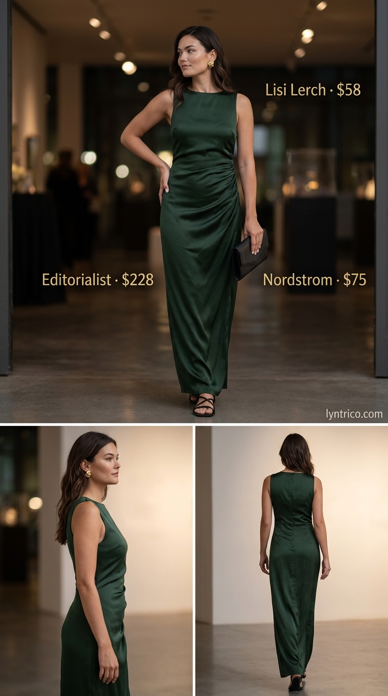 Minimalist Summer Basic Outfit 2026: Gallery Opening Glam Minimalist summer basic outfit for women 2026: Forest green maxi dress, black sandals, gold earrings for gallery opening.