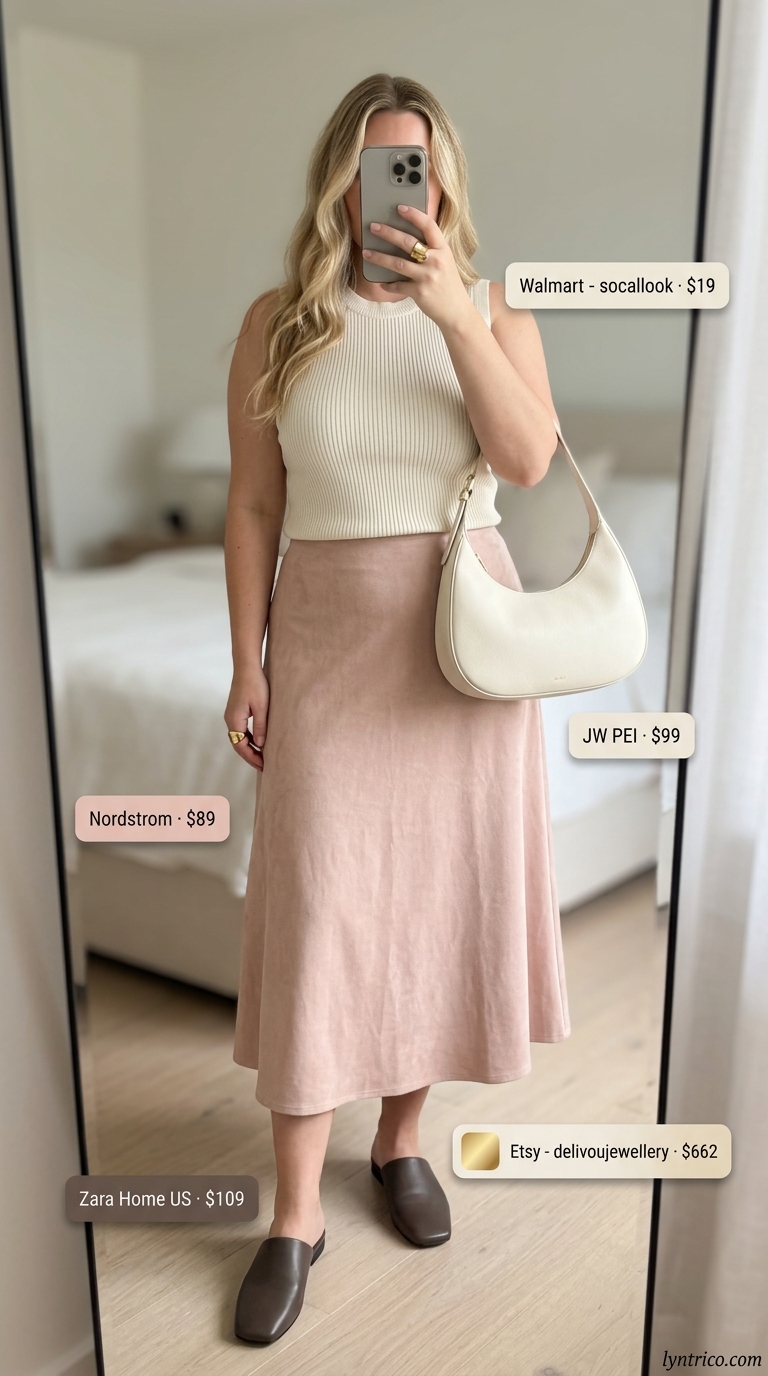 Minimalist Summer Basic Outfit 2026: Gallery Visit Style Minimalist summer basic outfit for women 2026: Soft clay skirt, cream tank, tan mules for gallery visit.