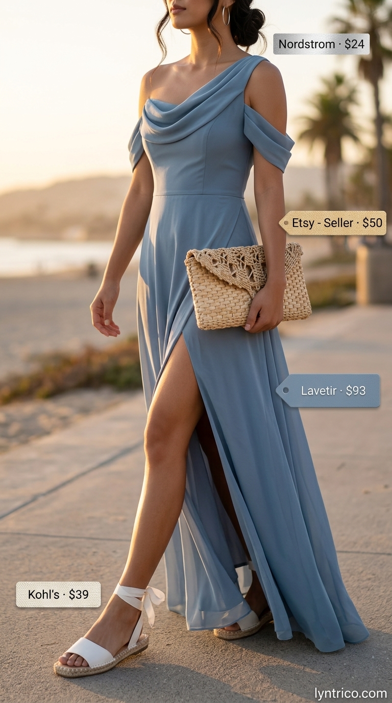 Minimalist Summer Basic Outfit 2026: Seaside Evening Elegance Minimalist summer basic outfit for women 2026: Dusty blue dress, white espadrilles, silver hoops for seaside evening.