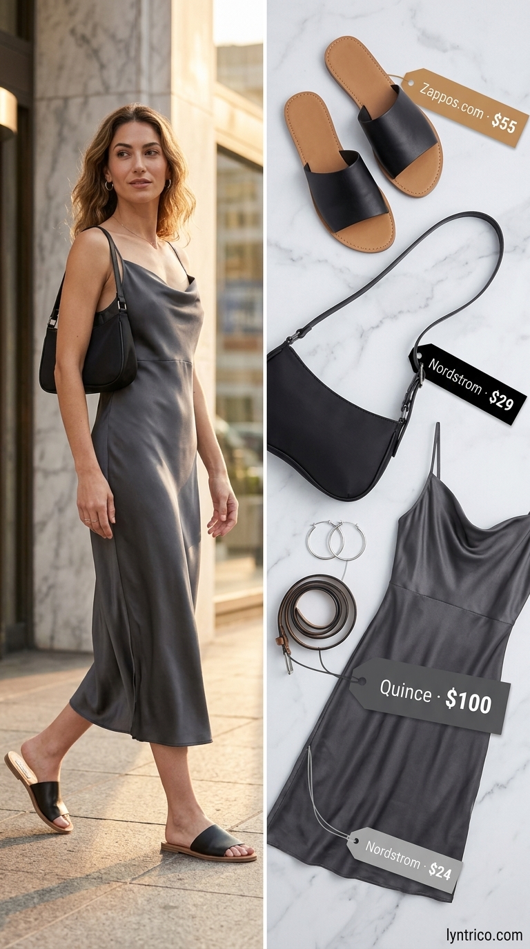Minimalist Summer Basic Outfit 2026: Urban Retreat Chic Minimalist summer basic outfit for women 2026: Charcoal slip dress, black sandals, silver hoops for urban retreat.