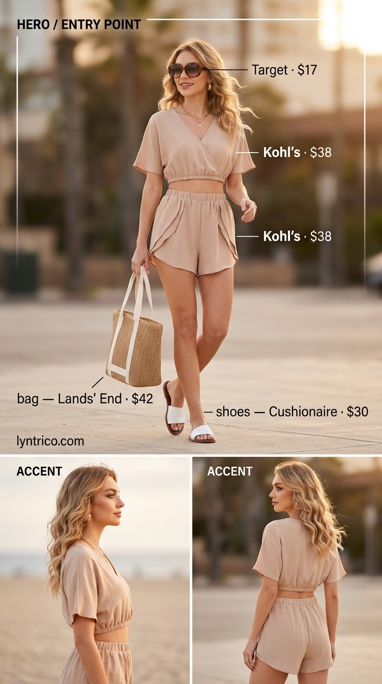 Minimalist summer basic outfit for women 2026: Peach linen set, white slides, straw tote for vacation.