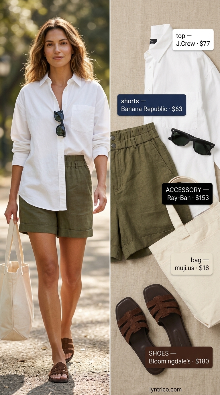 Minimalist Summer Basic Outfit 2026: Weekend Brunch Ease Minimalist summer basic outfit for women 2026: Khaki shorts, white shirt, brown slides for weekend brunch.