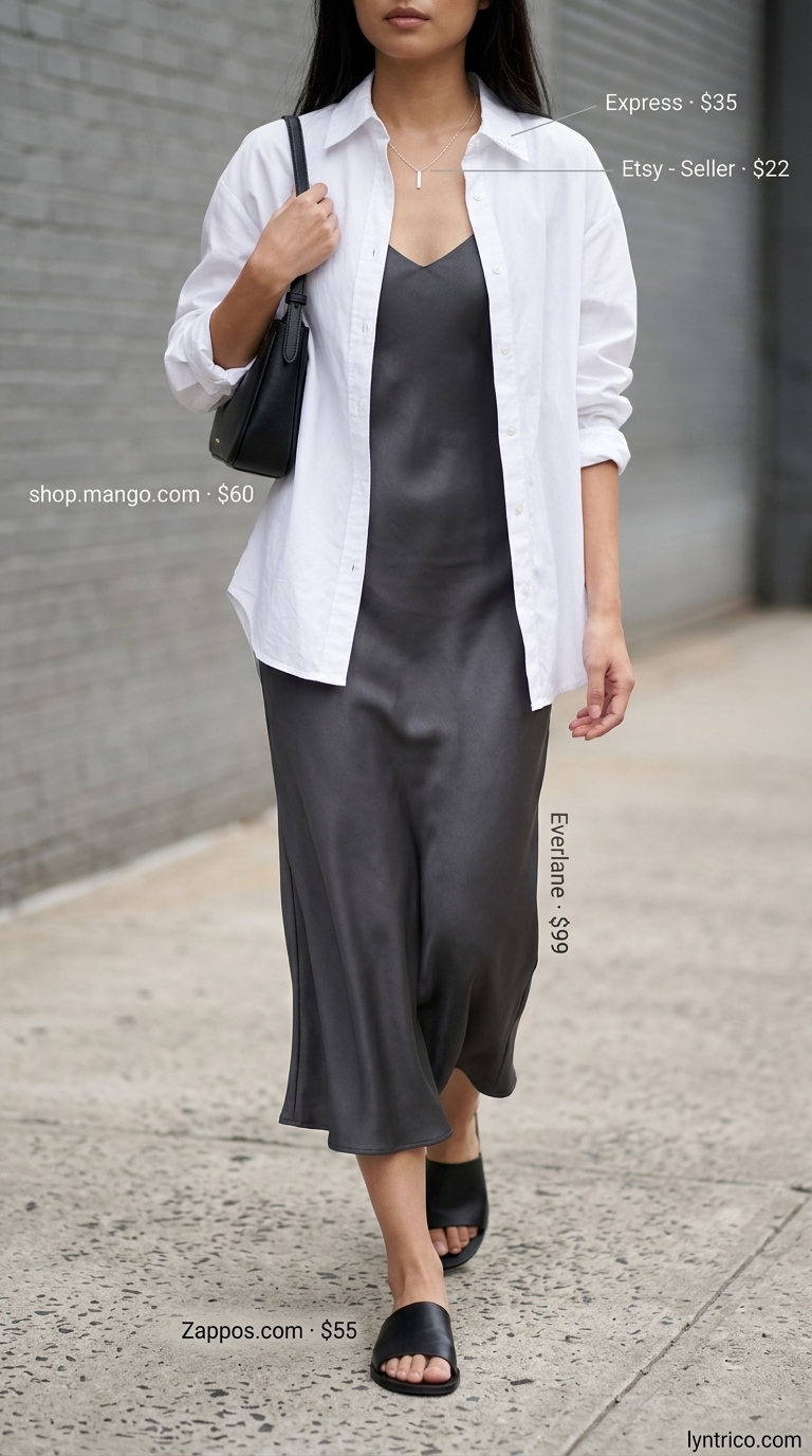 Modern Minimalist Summer Outfit 2026 Minimalist summer basic outfit for women 2026: Charcoal satin slip dress, white shirt, black slides for city exploration.