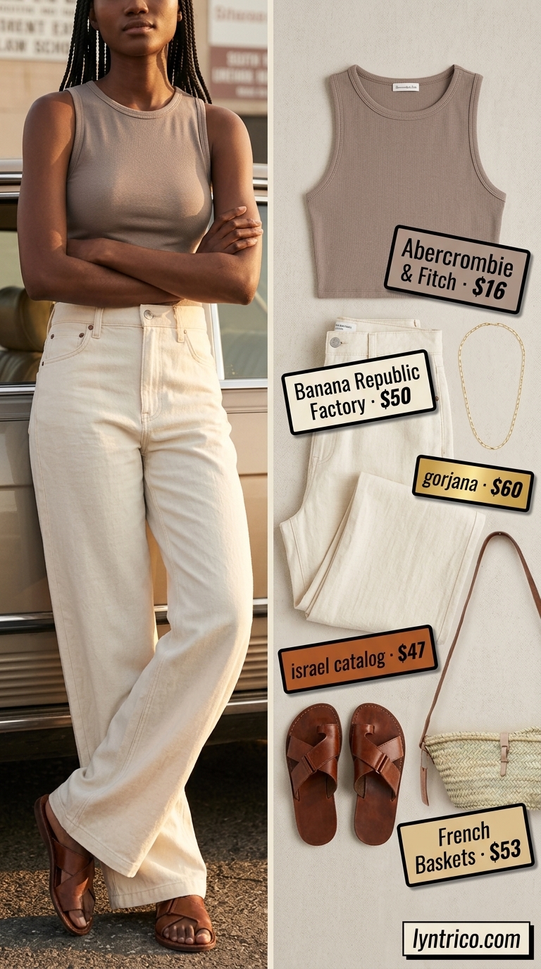 Effortless Minimalist Summer Outfit 2026 Minimalist summer basic outfit for women 2026: Cream linen pants, tan tank, straw bag for casual brunch.