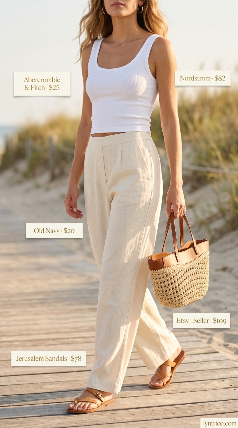 Sophisticated Minimalist Summer Outfit 2026 Minimalist summer basic outfit for women 2026: Cream linen pants, white tank, straw tote for beach vacation.