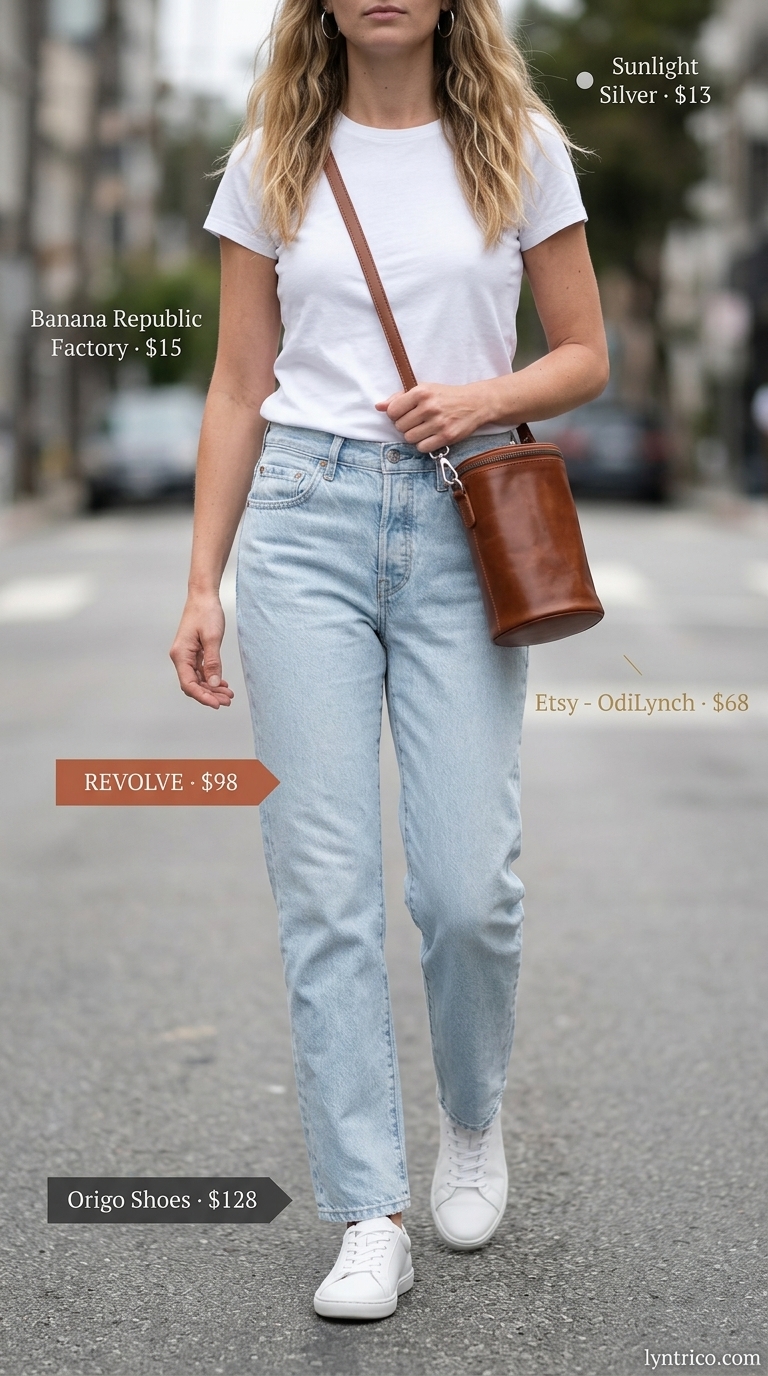 Casual Minimalist Summer Outfit 2026 Minimalist summer basic outfit for women 2026: Light wash jeans, white tee, white sneakers for casual weekend.