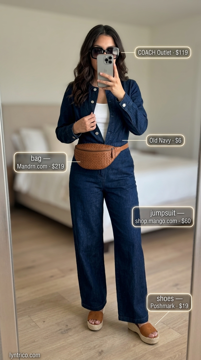 Confident Minimalist Summer Outfit 2026 Minimalist summer basic outfit for women 2026: Navy denim jumpsuit, white camisole, espadrilles for a shopping trip.
