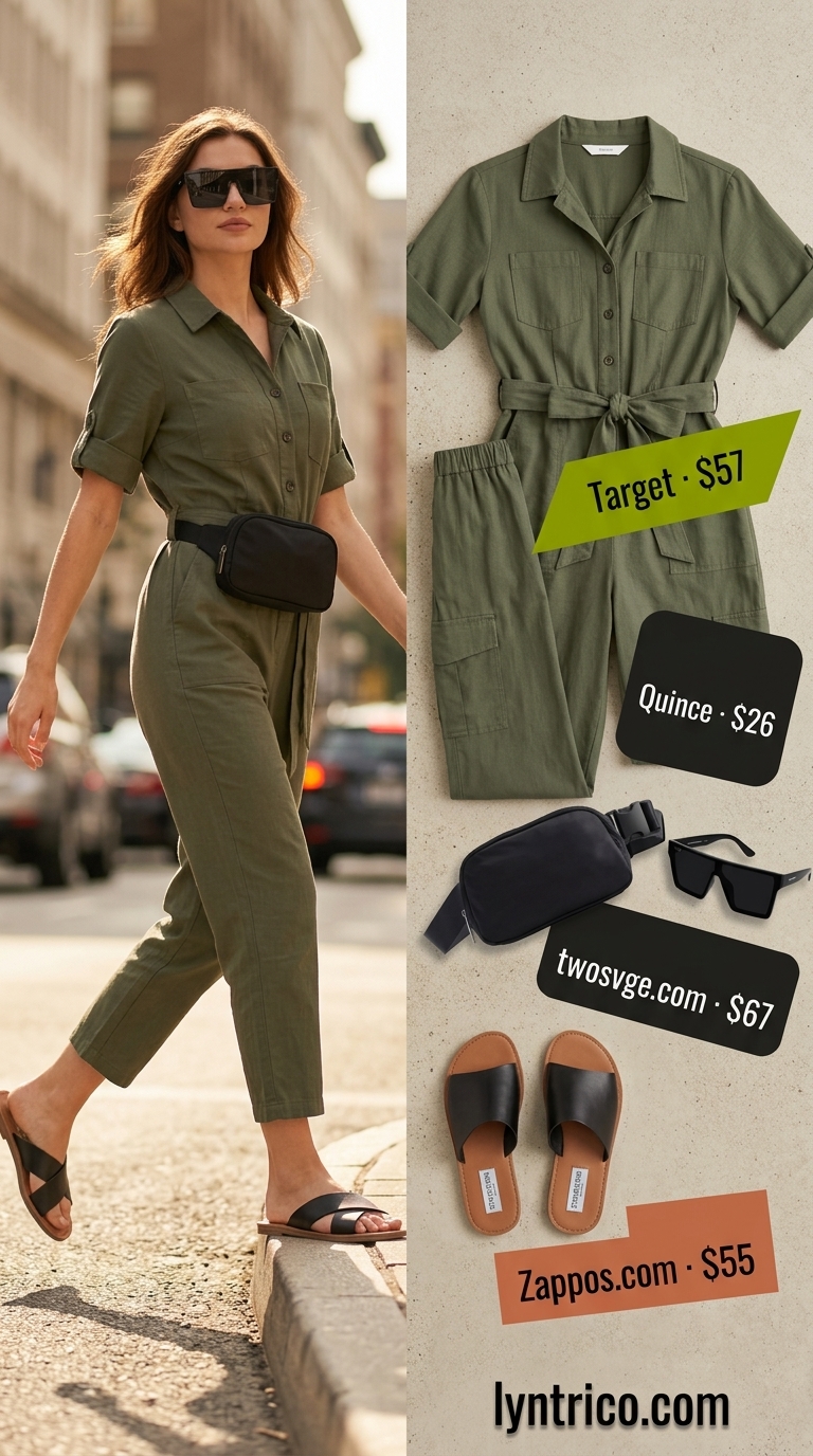 Adventurous Minimalist Summer Outfit 2026 Minimalist summer basic outfit for women 2026: Olive green utility jumpsuit, black slides, belt bag for travel.