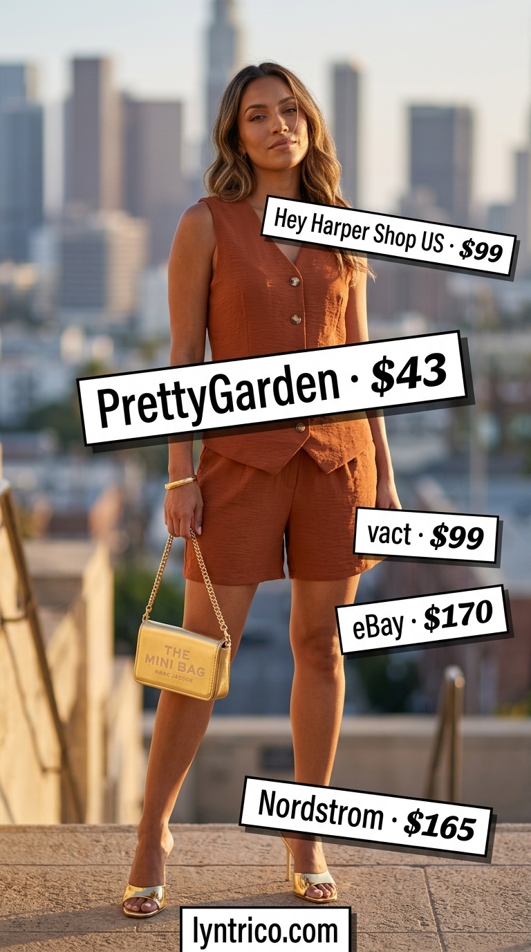 Chic Minimalist Summer Outfit 2026 Minimalist summer basic outfit for women 2026: Terracotta linen set, gold sandals, and mini bag for an evening soiree.