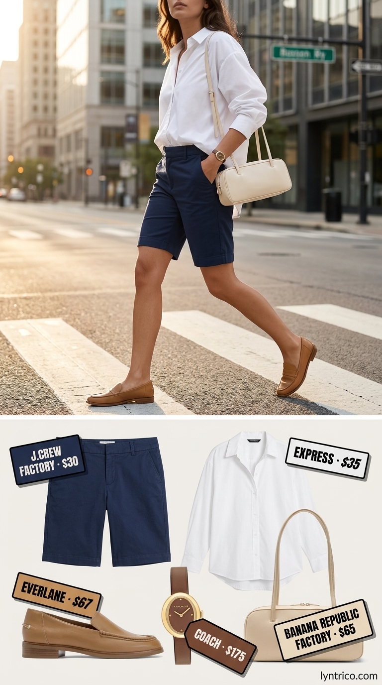 Polished Minimalist Summer Outfit 2026 Minimalist summer basic outfit for women 2026: White shirt, navy Bermuda shorts, tan loafers for city sightseeing.