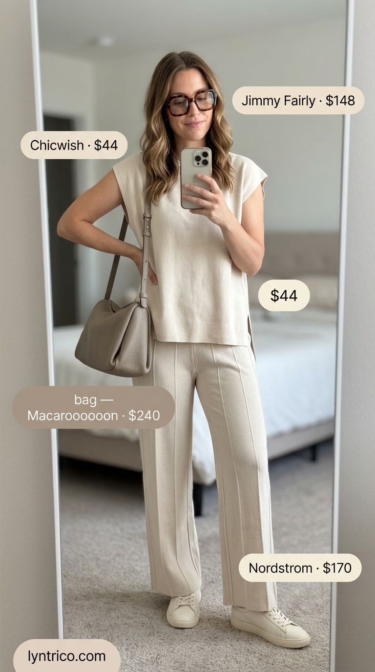 Neutral quiet luxury summer outfits for women 2026: Beige matching set, leather sneakers, gold hoops.