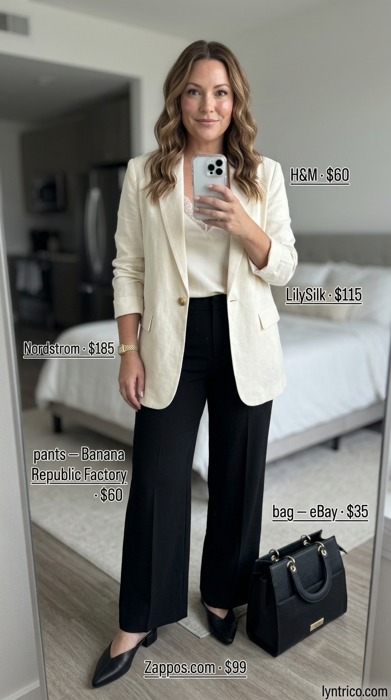 Neutral quiet luxury summer outfits for women 2026: Black trousers, cream camisole, linen blazer.