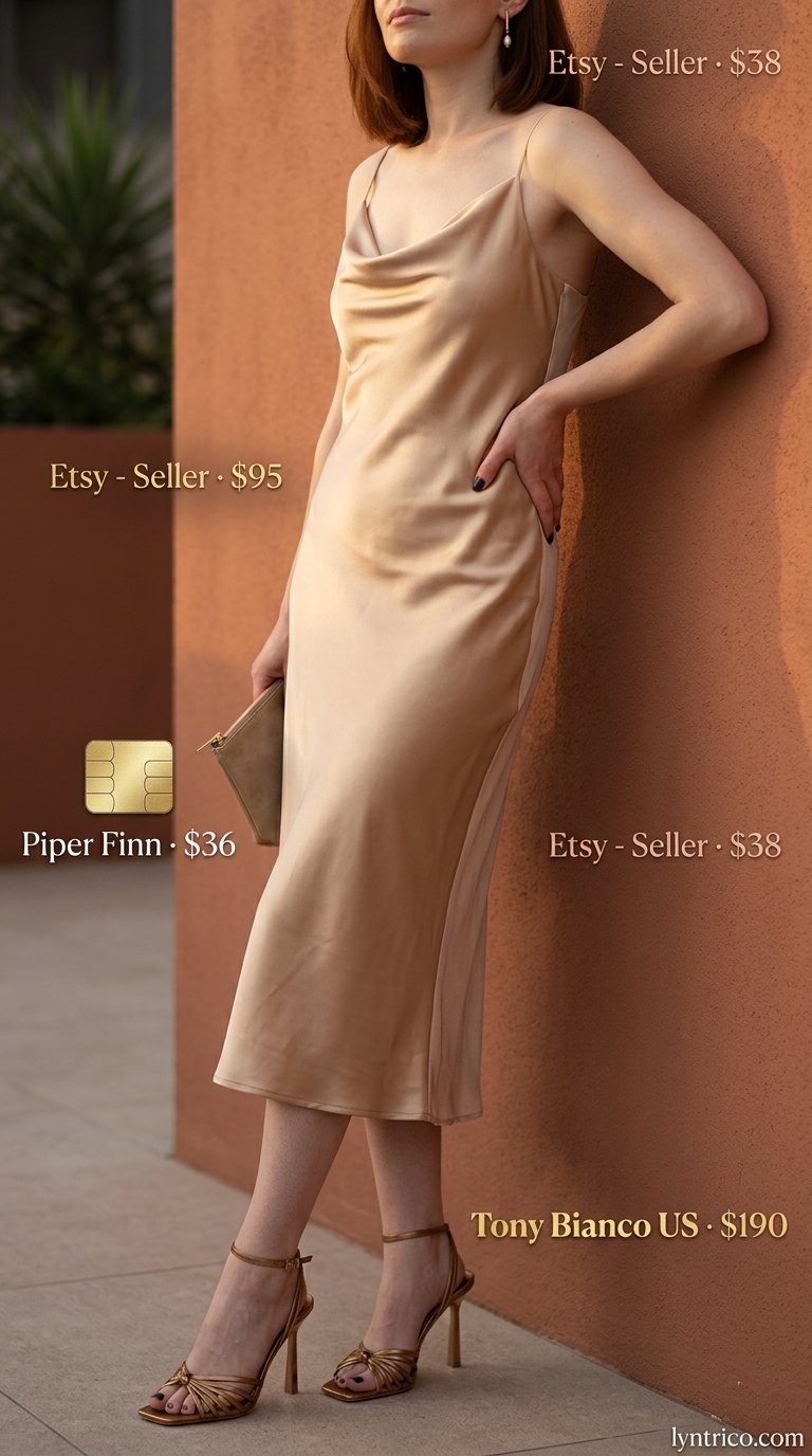 Neutral quiet luxury summer outfits for women 2026: Champagne slip dress, bronze sandals for elegant evening soirée.