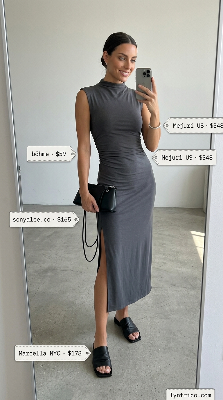 Neutral quiet luxury summer outfits for women 2026: Charcoal column dress, black sandals, silver cuff.
