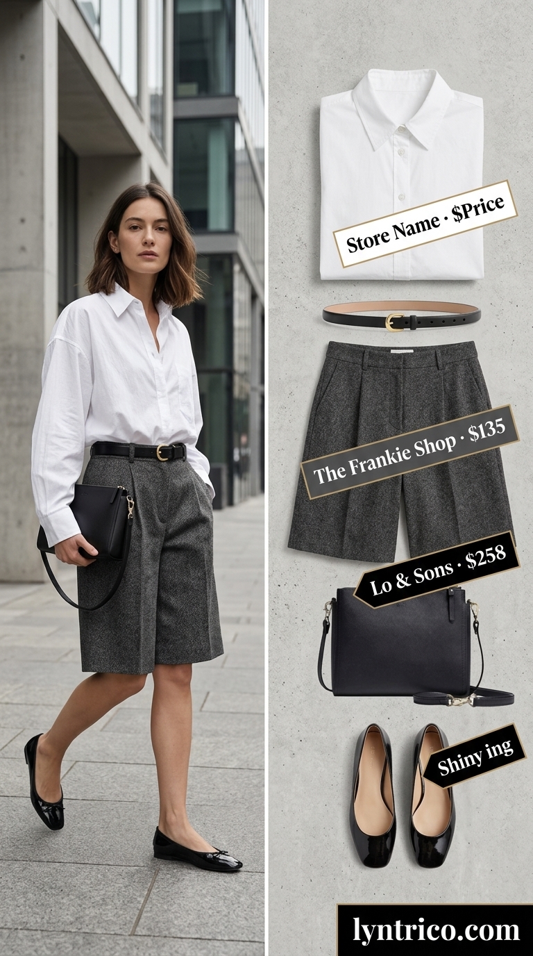 Neutral quiet luxury summer outfits for women 2026: Charcoal shorts, crisp white shirt, black loafers for urban chic.