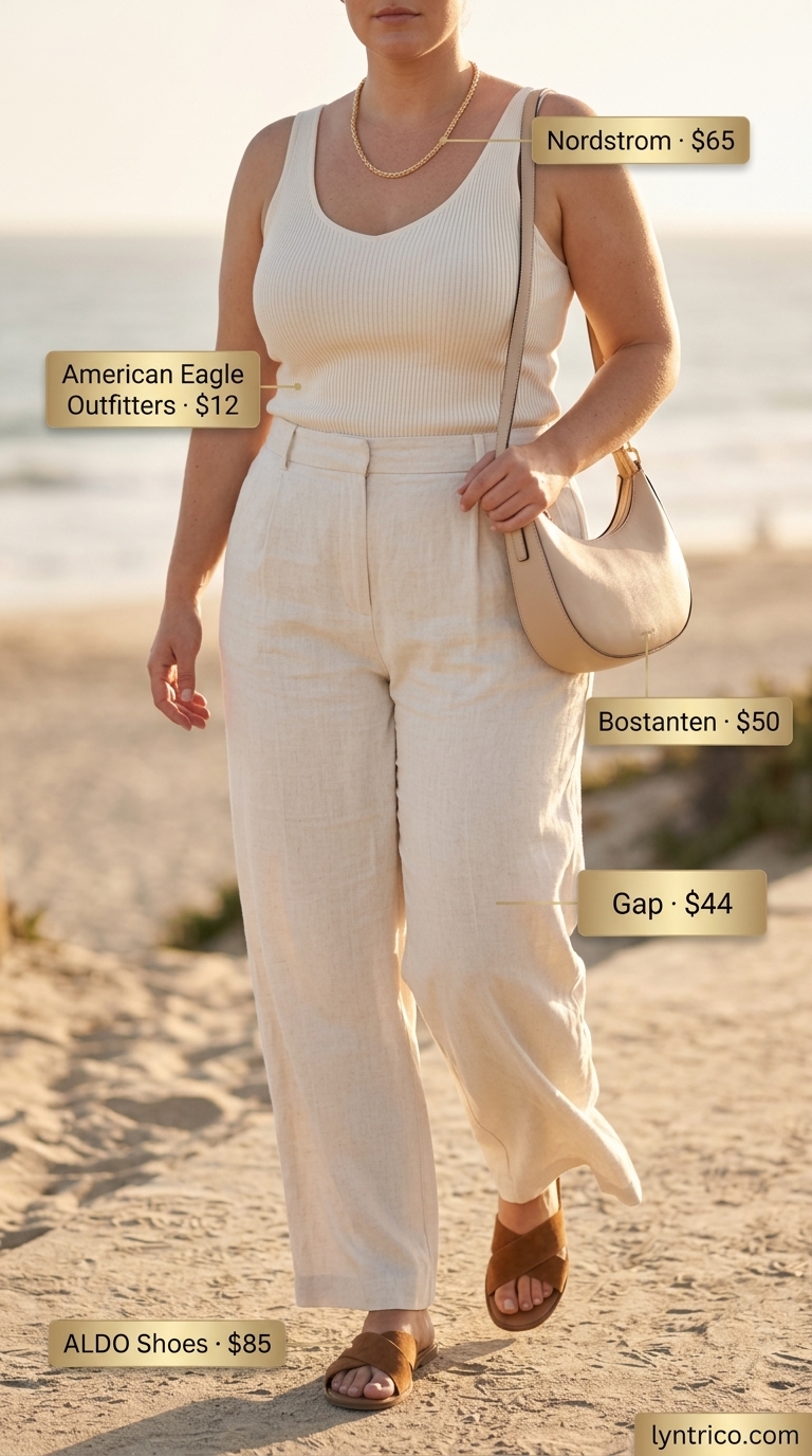 Neutral quiet luxury summer outfits for women 2026: Cream linen pants, beige tank, camel bag.
