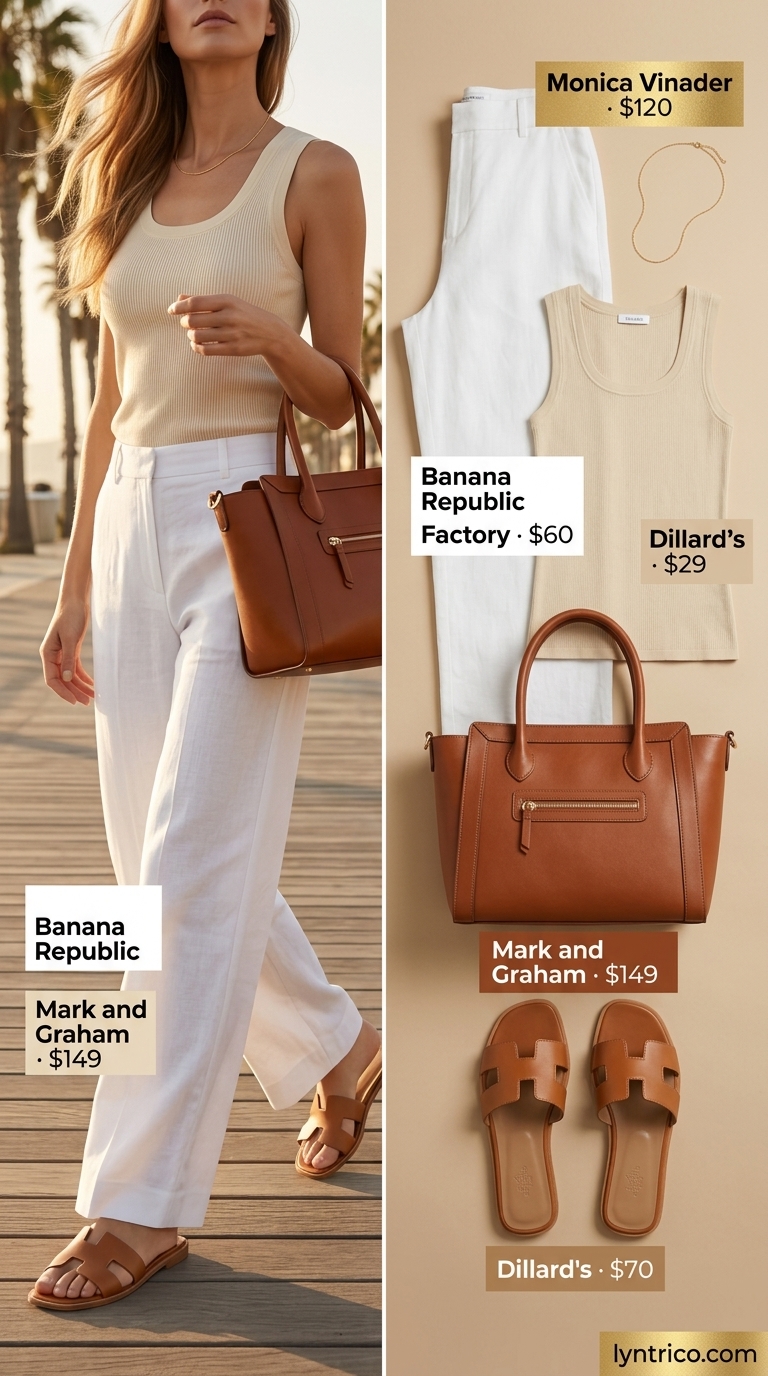 Neutral quiet luxury summer outfits for women 2026: Cream linen pants, sand tank, camel bag for coastal sophistication.