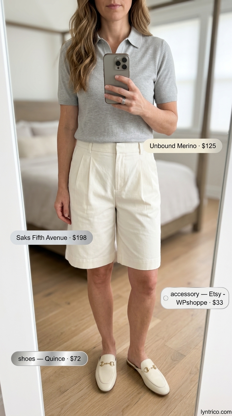 Neutral quiet luxury summer outfit for women 2026: Grey knit polo, white pleated shorts, loafers for gallery walk.