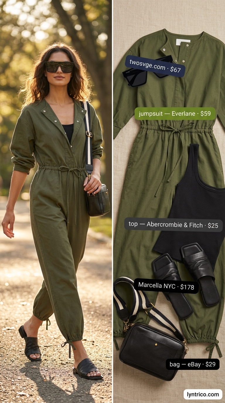 Neutral quiet luxury summer outfit: Khaki linen utility jumpsuit for a stylish day trip.