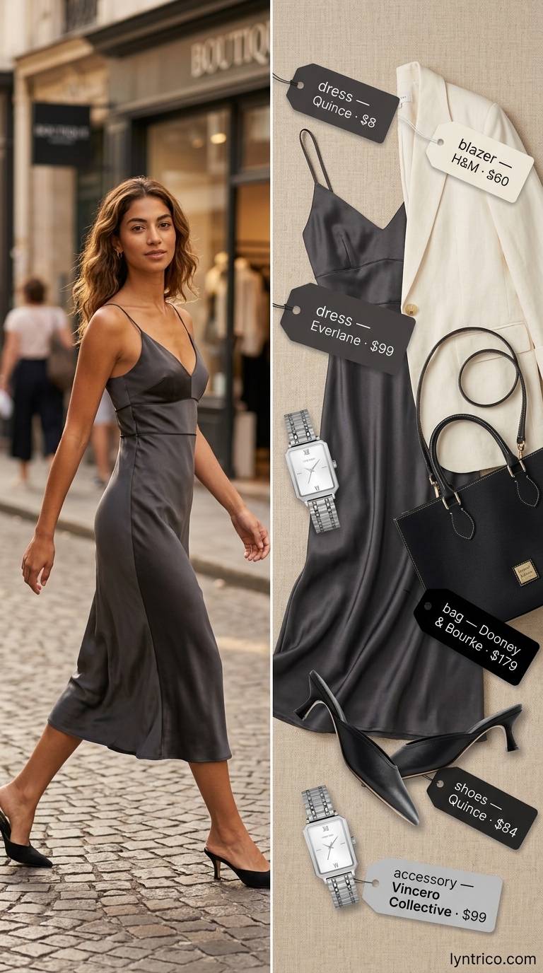 Neutral quiet luxury summer outfit: Charcoal grey knit dress with an oversized blazer for the office.