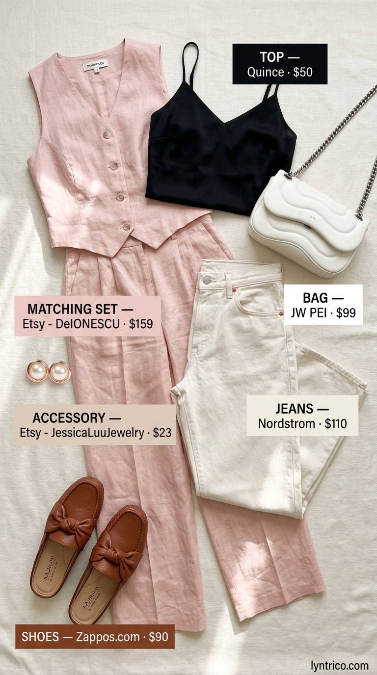 Neutral quiet luxury outfit: Blush pink linen set with ecru jeans for a summer brunch or garden party.