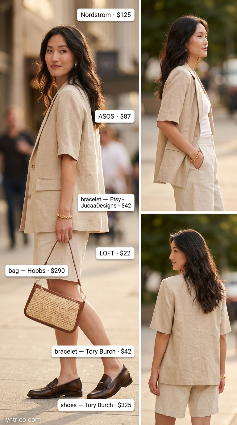 Neutral quiet luxury summer outfit: Camel linen shirt with cream shorts for a relaxed weekend getaway.