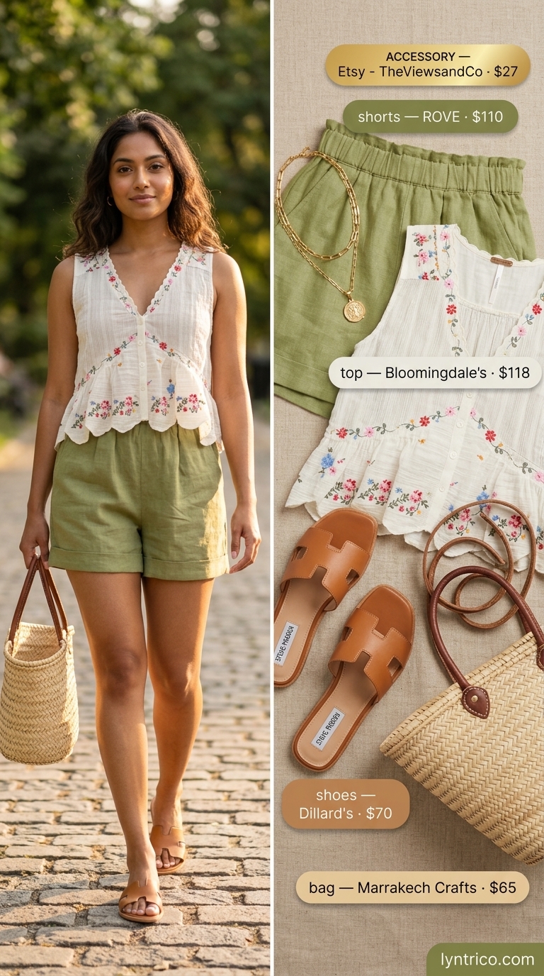 Neutral quiet luxury summer outfit: Olive green linen shorts with a cream embroidered blouse for a casual day.