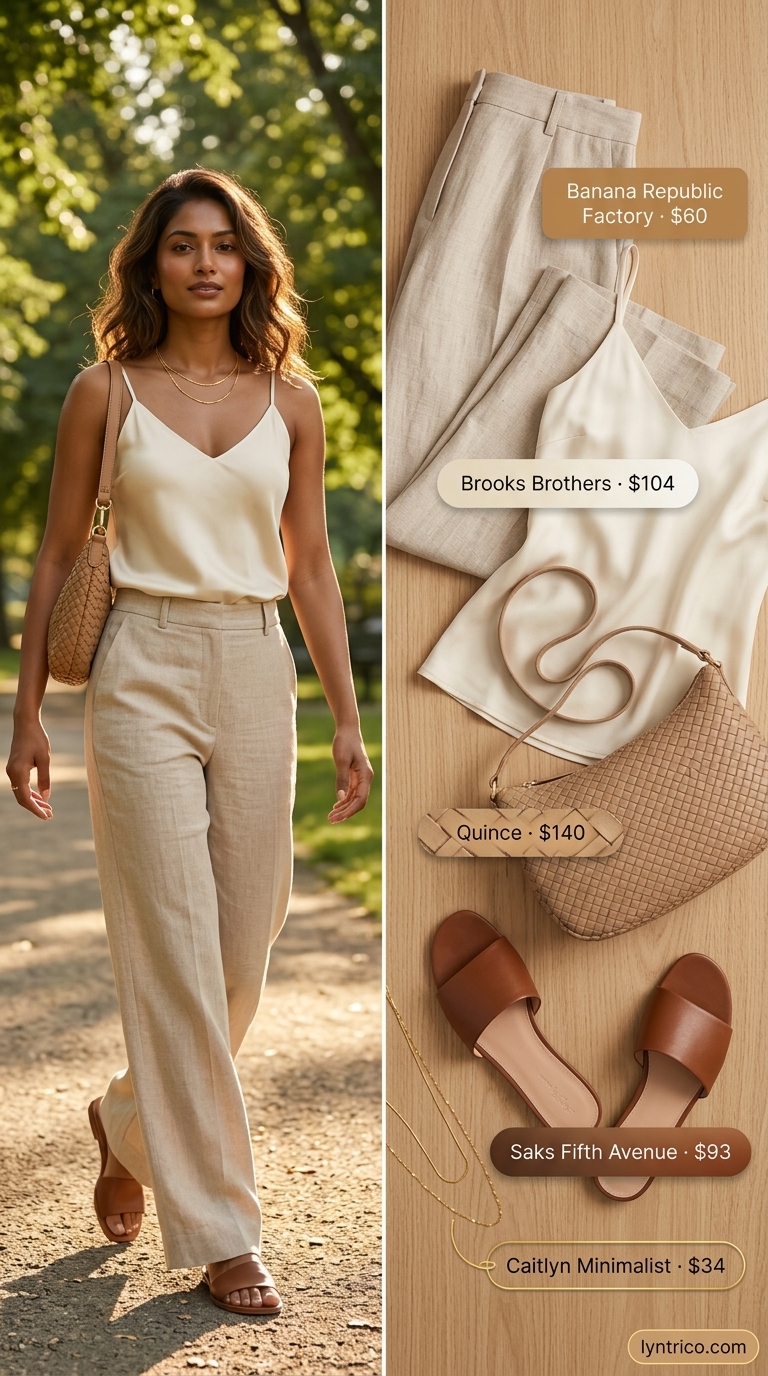 Neutral quiet luxury summer outfit: Cream linen trousers with a beige silk cami for a sophisticated daytime event.