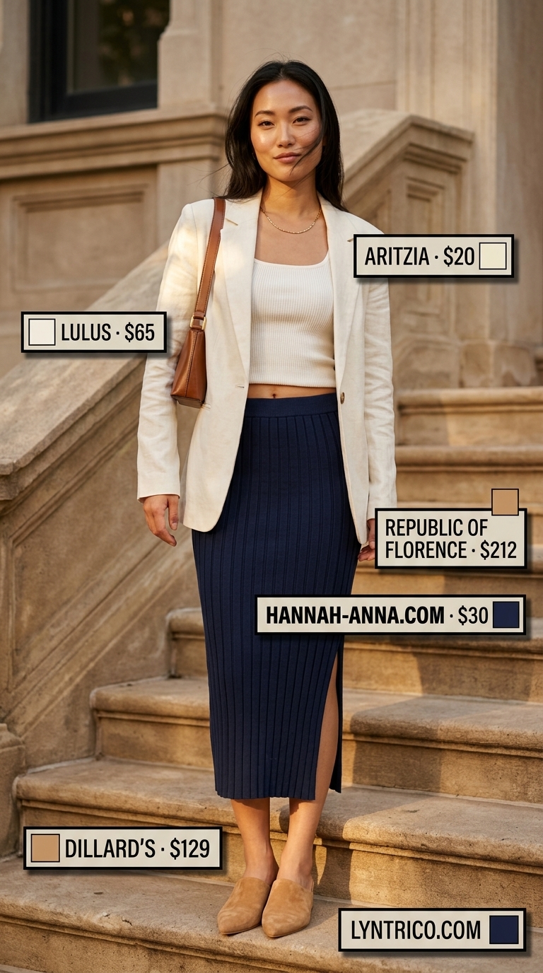 Neutral quiet luxury summer outfits for women 2026: Navy knit skirt, ivory blazer, tan mules for timeless elegance.