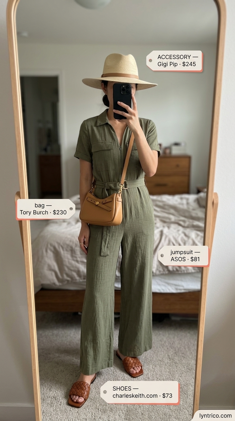 Neutral quiet luxury summer outfits for women 2026: Olive jumpsuit, khaki bag, straw hat.