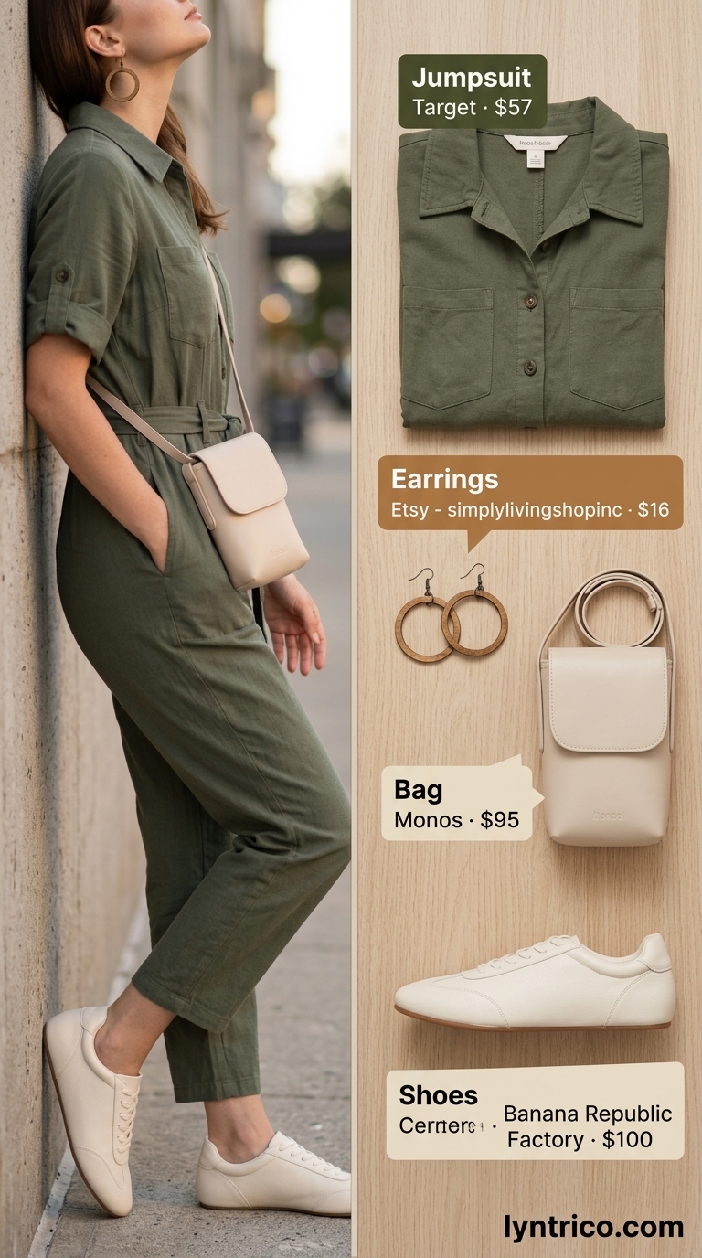 Neutral quiet luxury summer outfits for women 2026: Olive jumpsuit, white sneakers, cream crossbody for refined utility.