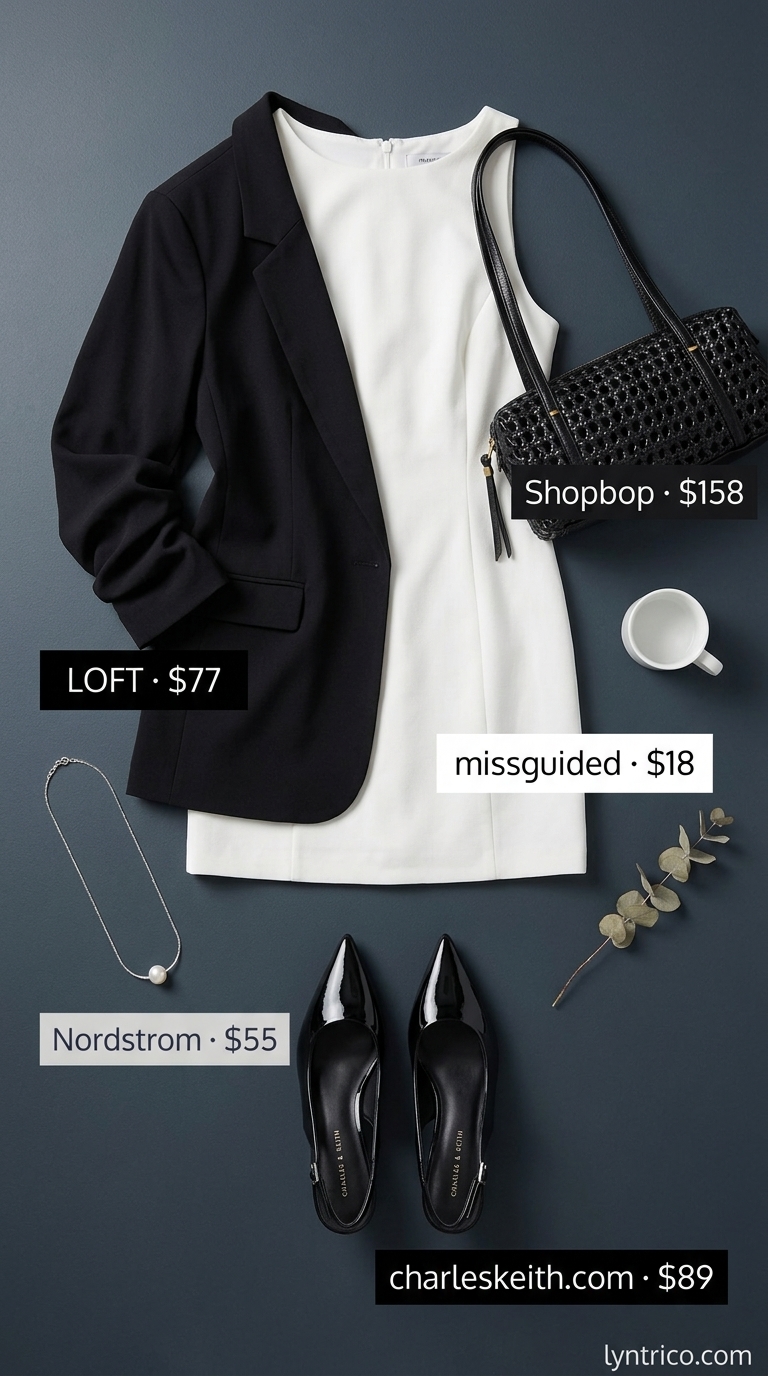 Neutral quiet luxury summer outfit: White shift dress with black blazer for an edgy evening look.