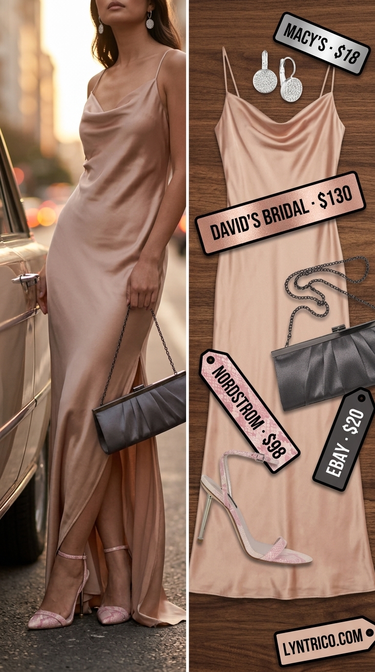 Neutral quiet luxury summer outfit: Soft greige silk slip dress for an elegant evening event.