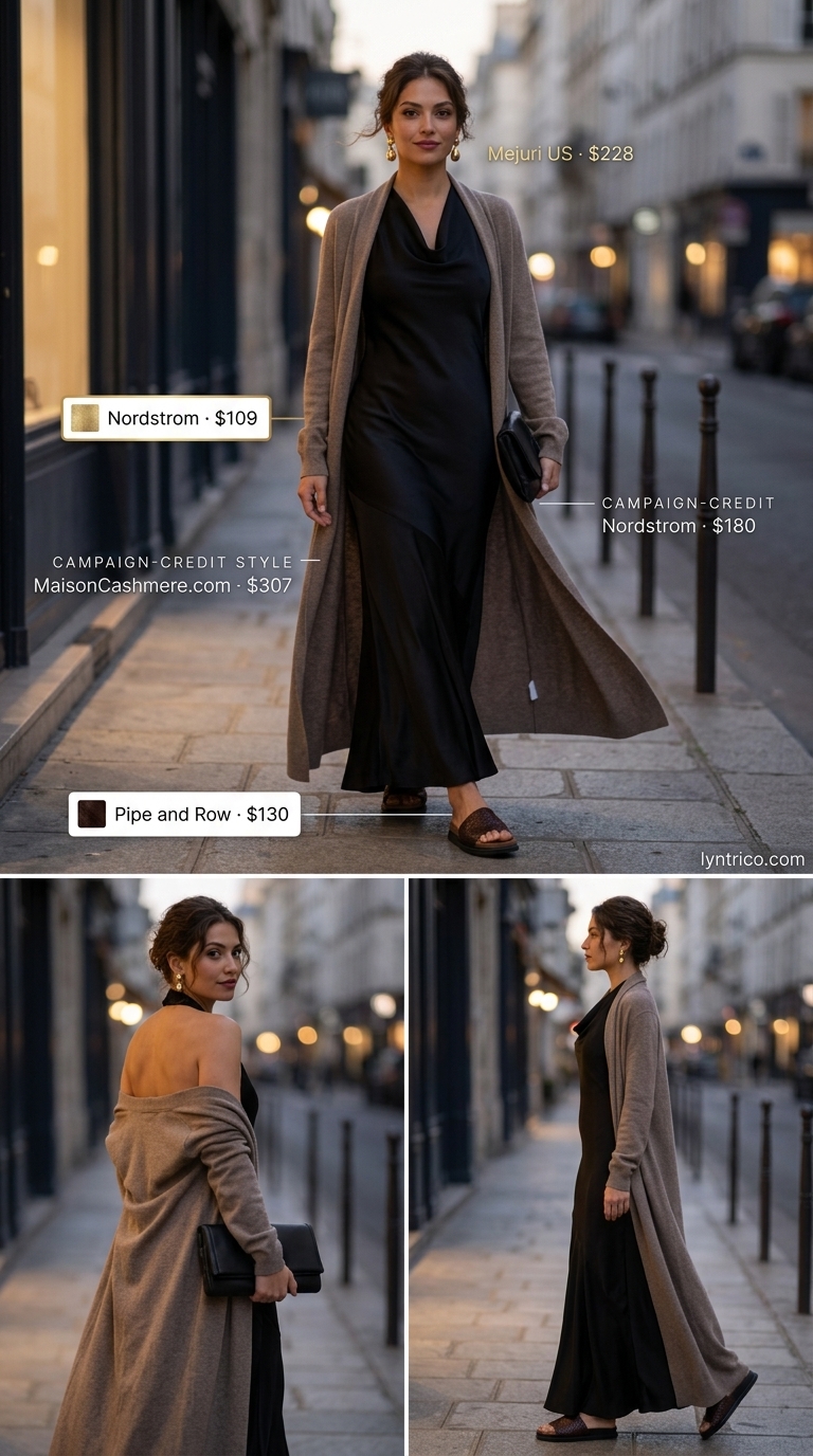 Neutral quiet luxury summer outfit: Black slip dress with taupe cardigan for an art exhibition.