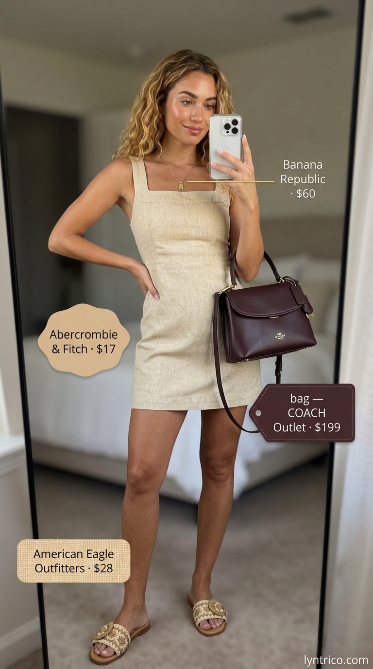 Neutral quiet luxury summer outfits for women 2026: Tan linen dress, brown bag, gold necklace.