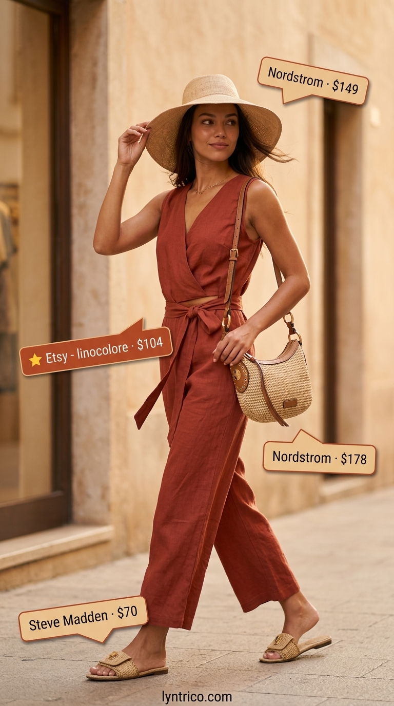 Neutral quiet luxury summer outfits for women 2026: Terracotta romper, beige slides, straw hat for resort charm.
