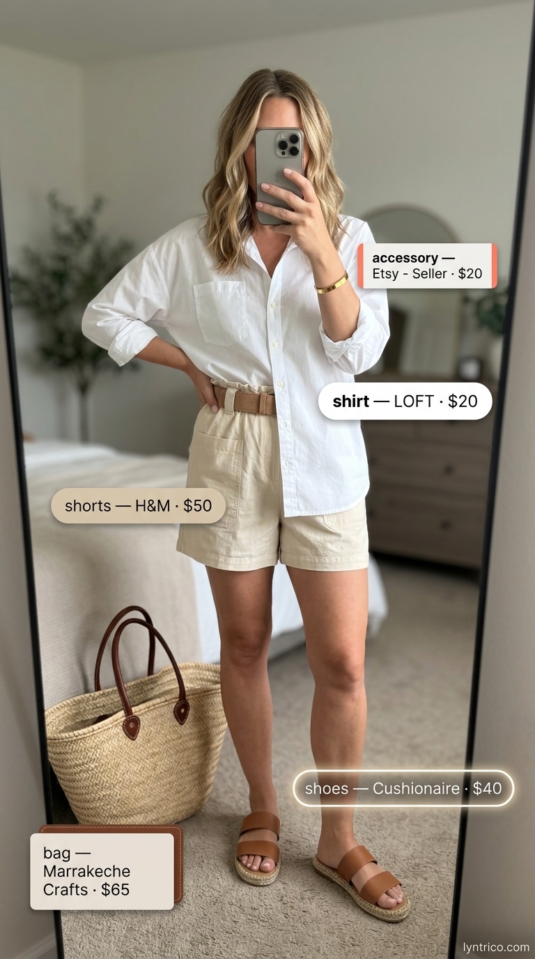 Neutral quiet luxury summer outfits for women 2026: White oversized shirt, sand shorts, espadrilles for relaxed chic.